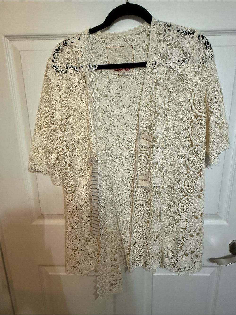 Johnny Was 4 Love and Liberty Lace Crochet Open-Front Cardigan Jacket in Cream